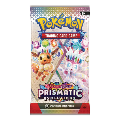 A Pokémon Trading Card Game booster pack for Stabillion and Violet Prismatic Evolutions, featuring artwork of Stabillion and Violet on a colorful, patterned background.
