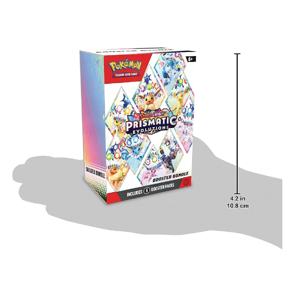Pokémon Prismatic Evolutions booster bundle box shown on a white background with a cast shadow and a vertical measurement marker indicating 4.2 in (10.