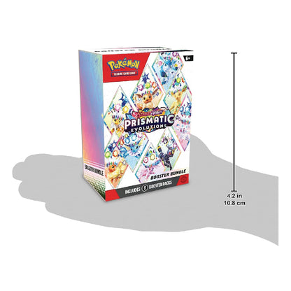 Pokémon Prismatic Evolutions booster bundle box shown on a white background with a cast shadow and a vertical measurement marker indicating 4.2 in (10.