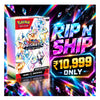 Pokémon TCG Prime Card Game Prismatic Evolutions booster bundle box shown beside a large promotional graphic reading 'RIP N SHIP' and '₥10,999 ONLY' on a neon, crystal-filled background.