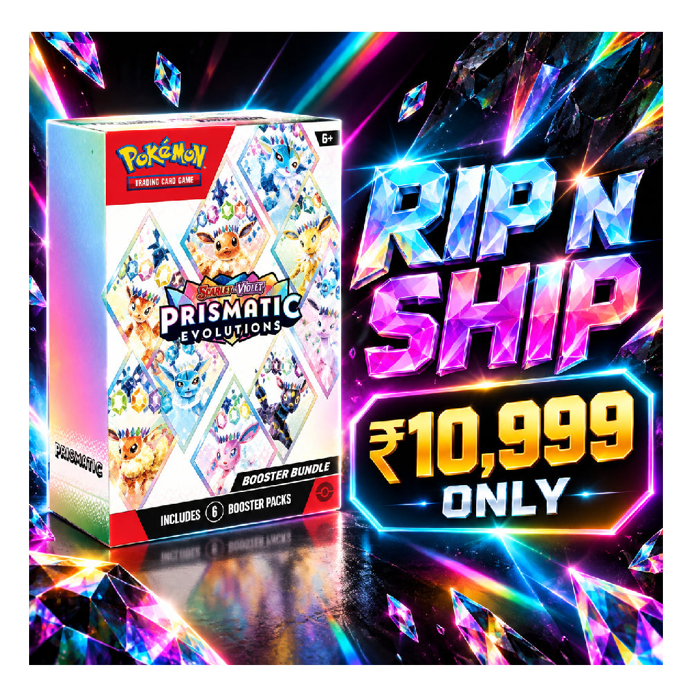 Pokémon TCG Prime Card Game Prismatic Evolutions booster bundle box shown beside a large promotional graphic reading 'RIP N SHIP' and '₥10,999 ONLY' on a neon, crystal-filled background.
