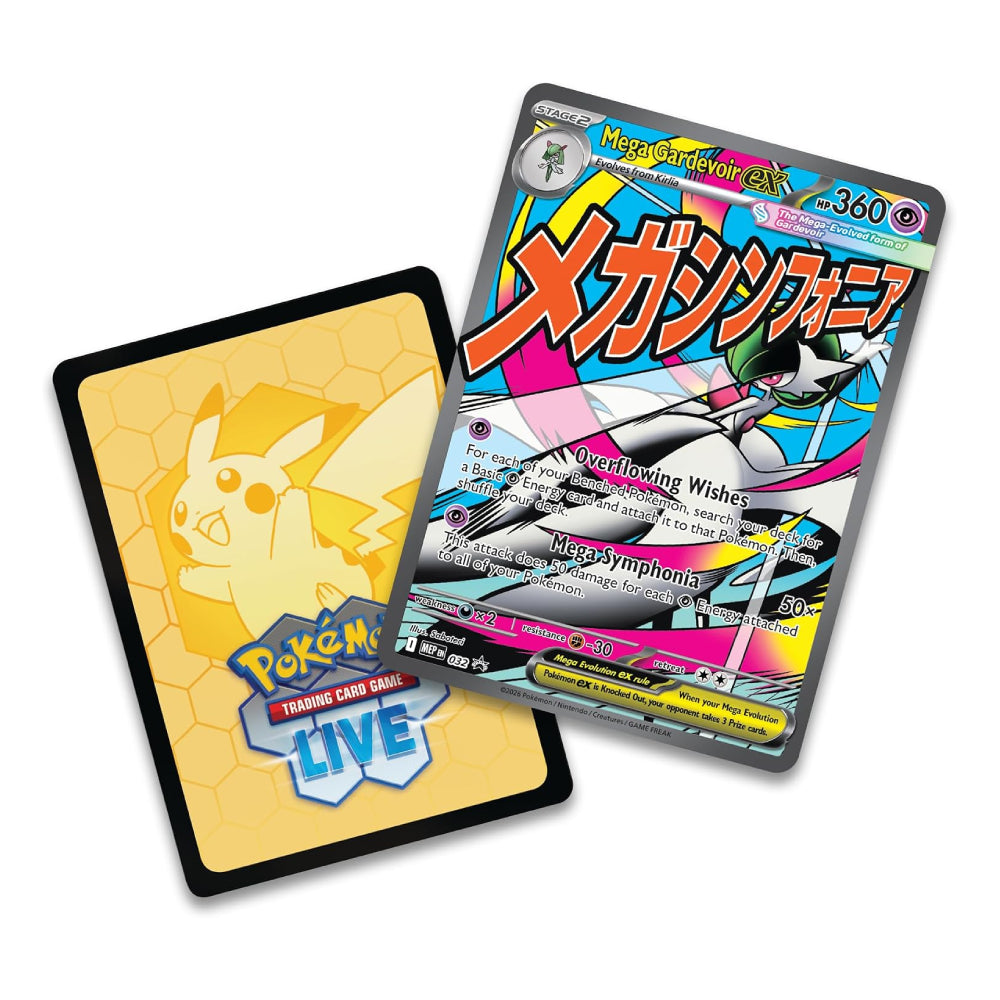 Two Pokémon Trading Card Game cards shown on a plain white background: a yellow Pikachu card with a black border and Pokémon Trading Card Game LIVE logo, and a detailed Mega Daruricot Gk battle card with colorful anime-style artwork and stats.