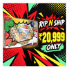A promotional graphic for a boxed product featuring a colorful comic-style box on the left and large text on the right reading 'RIP N SHIP' and '€20,999 ONLY' over a bold red, yellow, green, black, and white pop-art background.