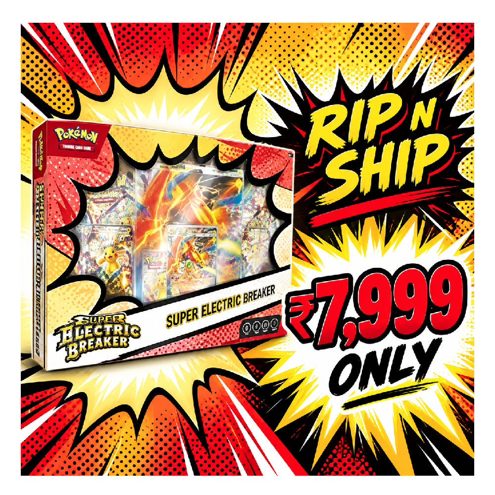 Pokémon Super Electric Breaker card box shown on a bold comic-style promotional background with large text reading 'RIP N SHIP' and '€7,999 ONLY'.
