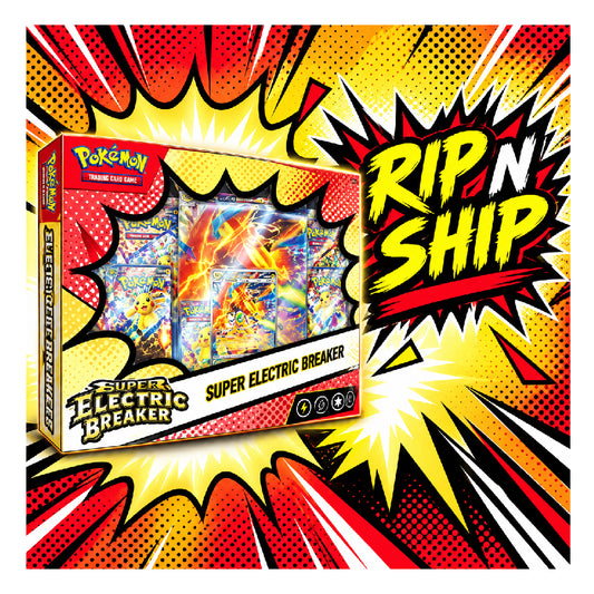 Pokémon Super Electric Breaker card box shown on a bold comic-style promotional background with large text reading 'RIP N SHIP' and '€7,999 ONLY'.