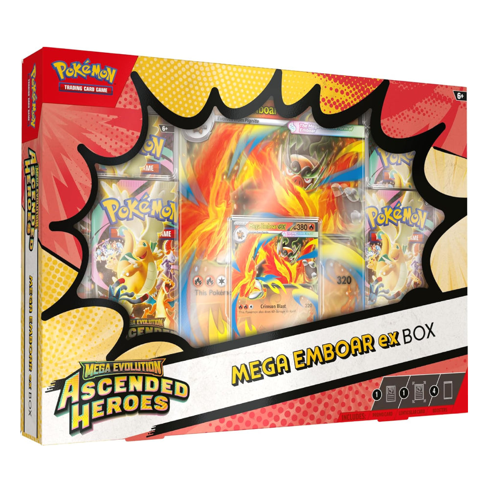 Pokémon Trading Card Game Mega Emboar ex Box set packaging, featuring a comic-style red, yellow, and black design with visible trading cards inside the window box.