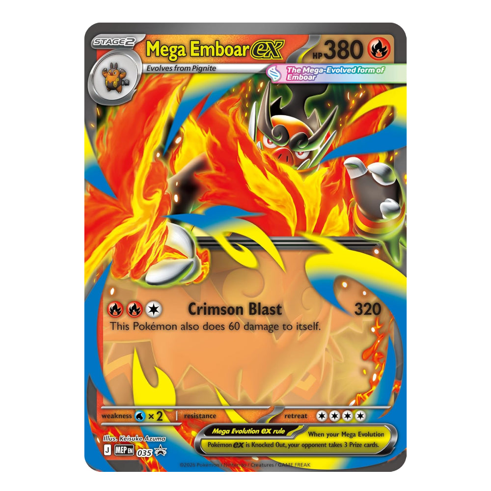A single Pokémon trading card featuring Mega Emboar EX from the Radiant Era, with a fiery red, orange, and yellow dragon illustration and game text details.