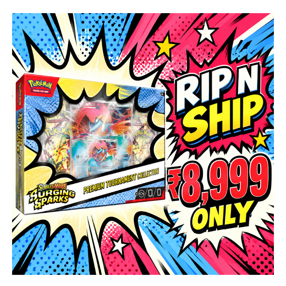 Pokémon Murgat Sparks Premium Tournament Collection box shown in a colorful comic-style promotional graphic with 'RIP N SHIP' and '₥8,999 ONLY' text.