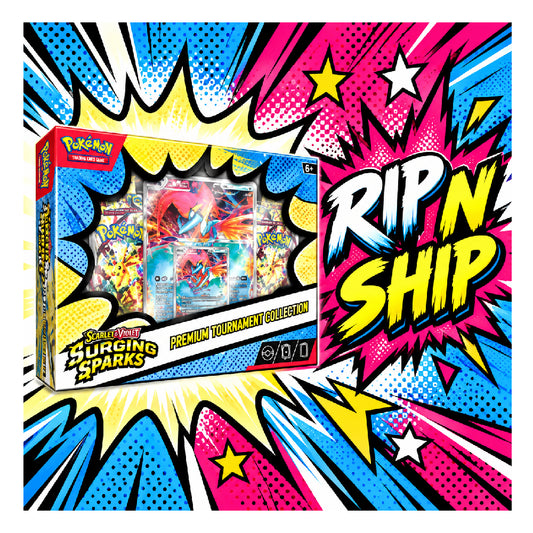 Pokémon Murgat Sparks Premium Tournament Collection box shown in a colorful comic-style promotional graphic with 'RIP N SHIP' and '₥8,999 ONLY' text.