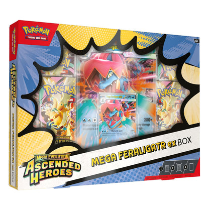 Pokémon Trading Card Game Mega Feraligatr ex Box set packaging, featuring a comic-style comic-book box design with a clear window displaying trading cards inside.