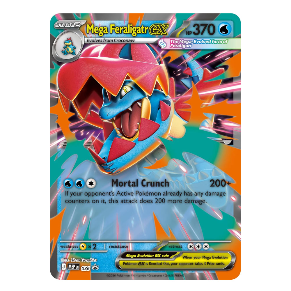 A holographic Pokémon trading card featuring Mega Feraligatr EX, with a colorful illustration of the creature and game text on a teal and orange card face.