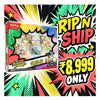 Pokémon Surging Spark Booster Box Collection card set in a colorful comic-style promotional graphic with 'RIP N SHIP' and '₥8,999 ONLY' text.
