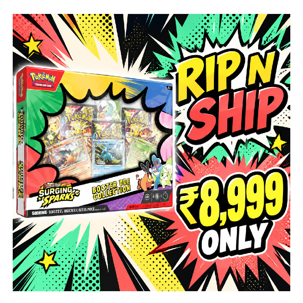 Pokémon Surging Spark Booster Box Collection card set in a colorful comic-style promotional graphic with 'RIP N SHIP' and '₥8,999 ONLY' text.