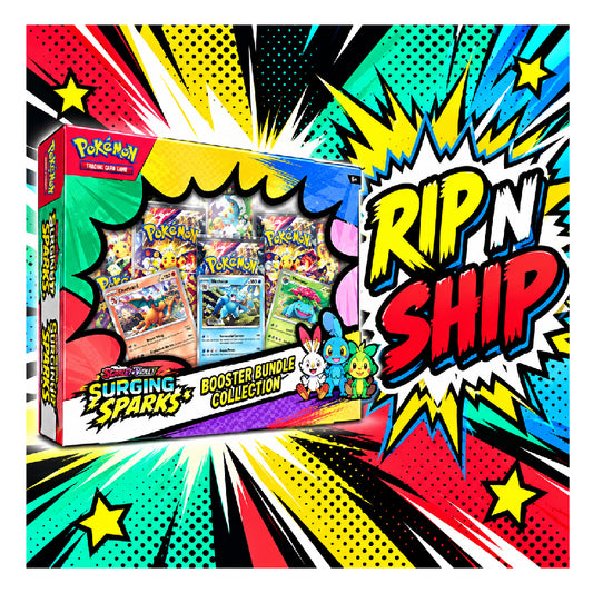 Pokémon Surging Spark Booster Box Collection card set in a colorful comic-style promotional graphic with 'RIP N SHIP' and '₥8,999 ONLY' text.