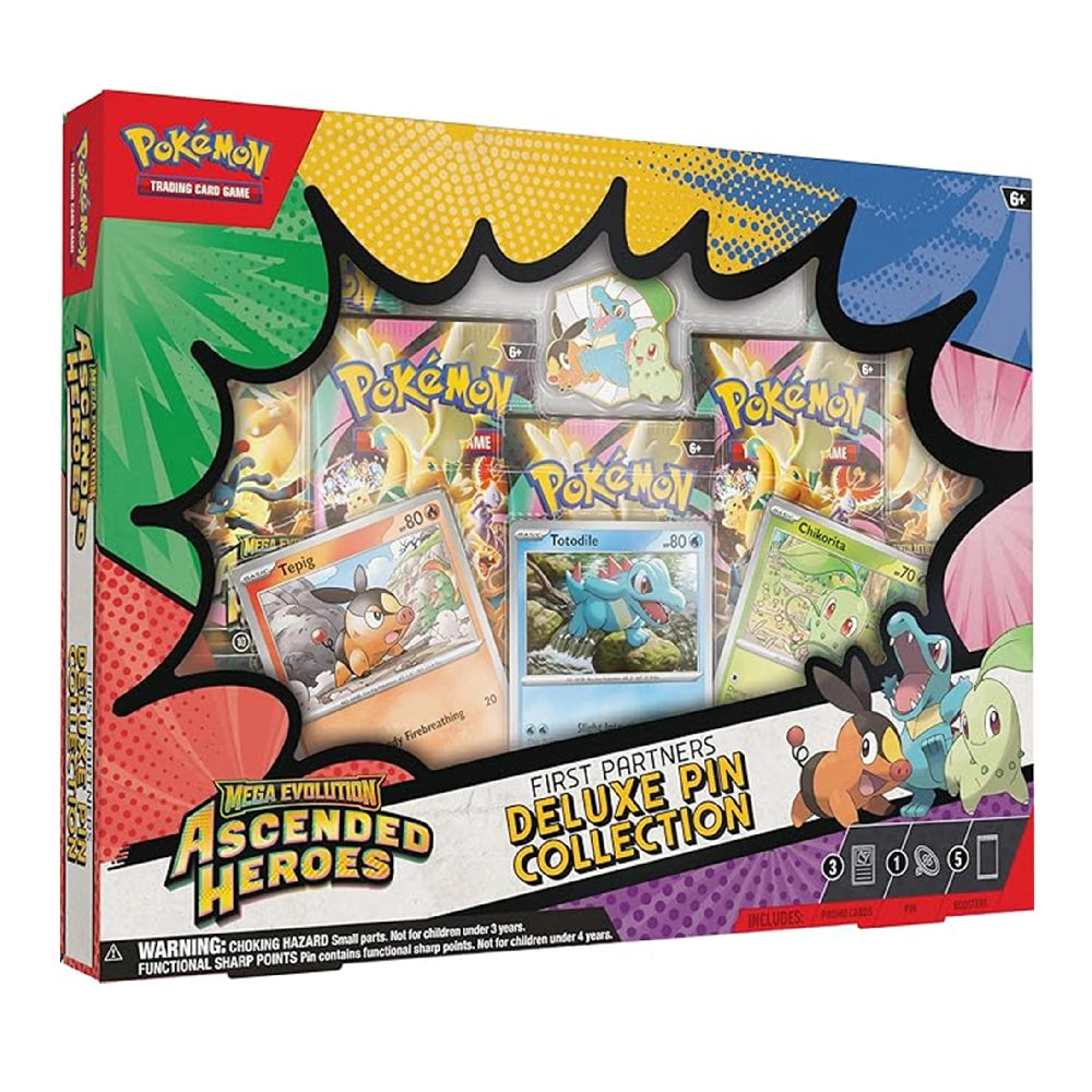 Pokémon Trading Card Game Mega Evolution Ascended Heroes First Partners Deluxe Pin Collection box set, featuring a colorful comic-style package design with a central pin display window showing assorted pins.