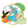 A Pokémon enamel pin featuring Squirtle, Blastoise, and Bulbasaur in a fan-shaped design with gold outlines on a white background.