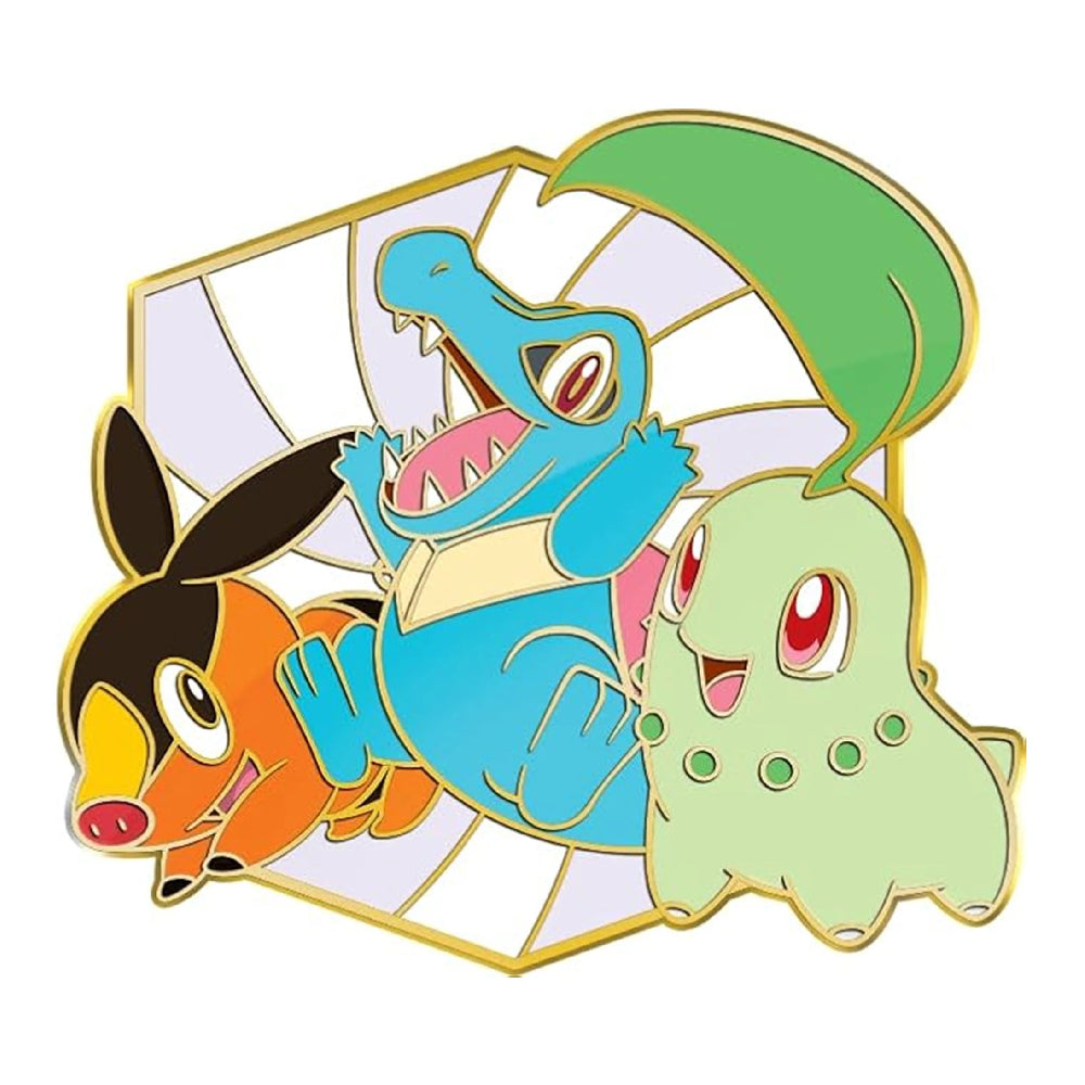 A Pokémon enamel pin featuring Squirtle, Blastoise, and Bulbasaur in a fan-shaped design with gold outlines on a white background.