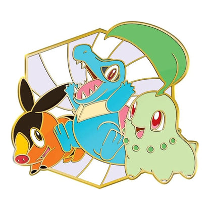 A Pokémon enamel pin featuring Squirtle, Blastoise, and Bulbasaur in a fan-shaped design with gold outlines on a white background.