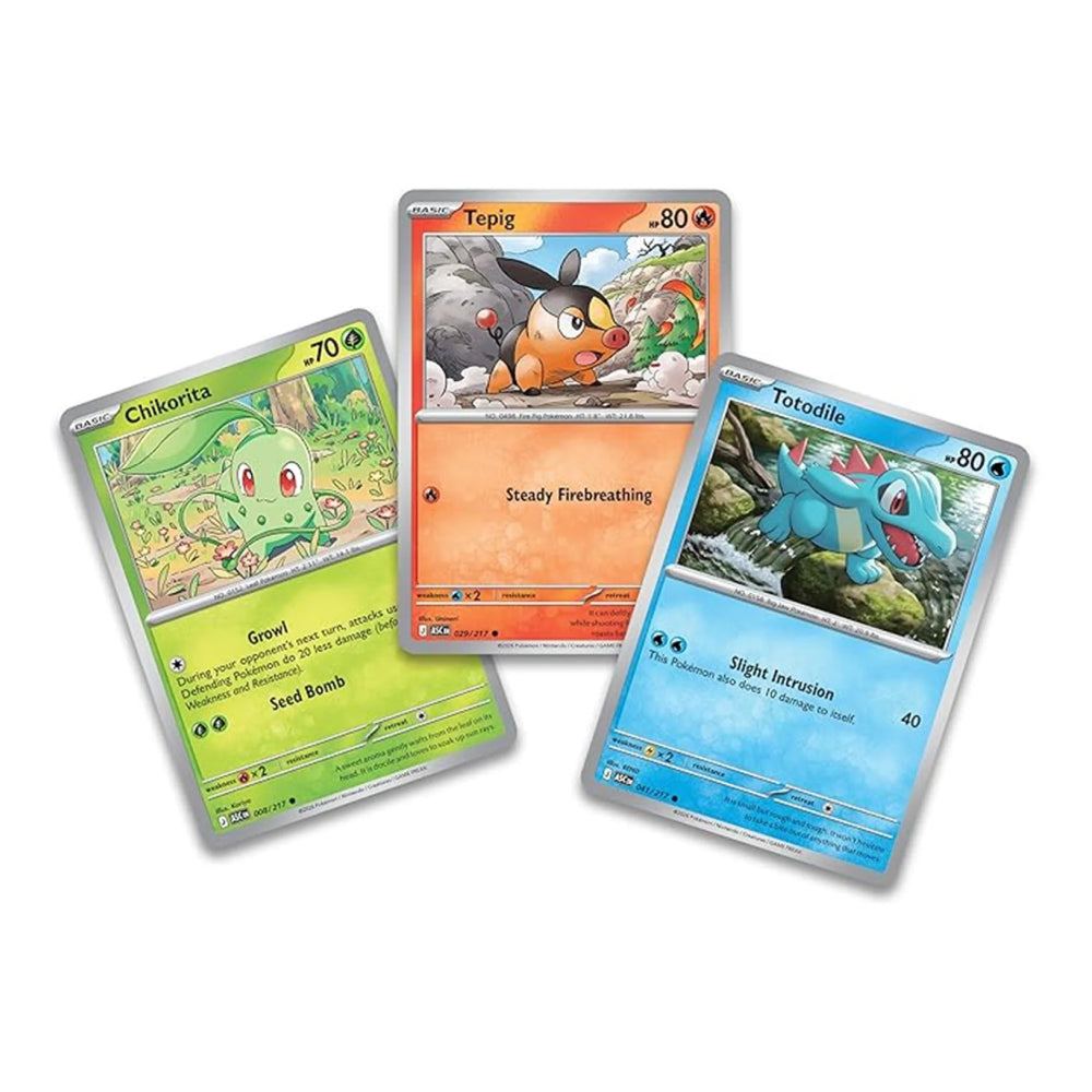 Three Pokémon trading cards fanned out on a white background: Chikorita on the left in green, Tepig in the center with an orange background, and Totodile on the right in blue.