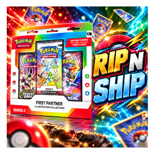 Pokémon First Partner Illustration Collection Series 2 trading card set in retail packaging, shown alongside a large promotional graphic reading 'RIP N SHIP' and '₥3,499 ONLY' on a colorful neon background.