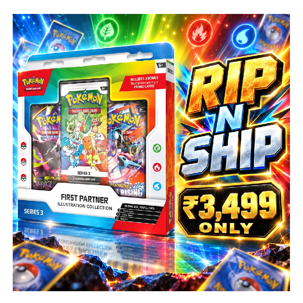 Pokémon Trading Card Game Series 3 illustration collection box set with promotional text 'RIP N SHIP' and price '¥,3,499 ONLY' on a colorful neon background.