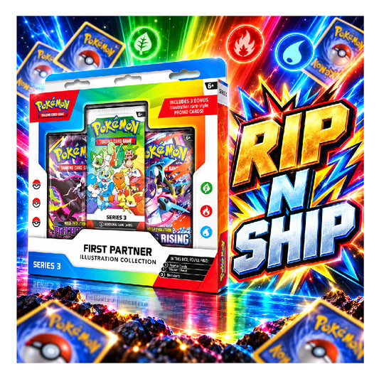 Pokémon Trading Card Game Series 3 illustration collection box set with promotional text 'RIP N SHIP' and price '¥,3,499 ONLY' on a colorful neon background.