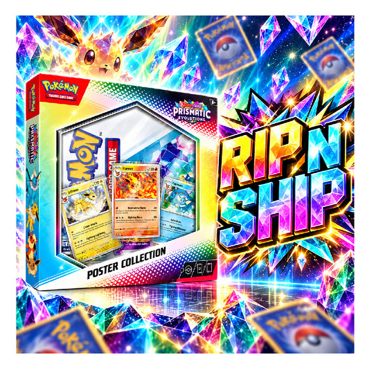 Promotional graphic for a Pokémon TCG poster collection bundle, showing the boxed 'Rip N Ship' poster collection on the left and large colorful text reading 'RIP N SHIP' and '₥5,999 ONLY' on the right, with sparkling neon card-art background imagery.