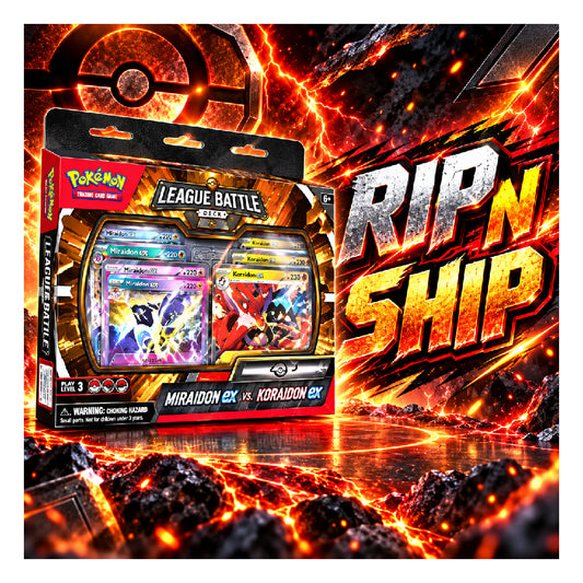 Pokémon League Battle Miraidon GX vs. Koraidon GX trading card set in blister packaging, shown against a dramatic fiery promotional background with large 'RIP N SHIP' and '₥1,999 ONLY' text.