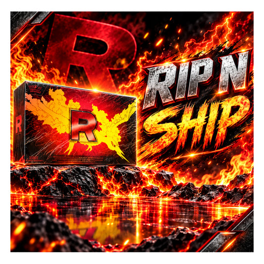 A promotional graphic showing a boxed product on a dark rocky surface with fiery effects and large text reading 'RIP N SHIP' and '₥33,999 ONLY'. The box has a red and black design with a large stylized letter R and orange/yellow flame graphics.