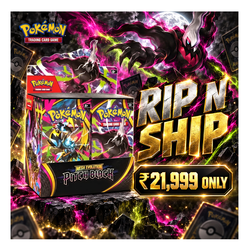 Promotional product graphic for a Pokémon Trading Card Game booster box set titled “Rip N Ship” featuring “Magic: The Gathering” “Pitch Black.” The box set is shown in front of a dramatic illustrated background with glowing pink, green, and black energy effects, large gold “RIP N SHIP” text, and a price badge reading “¥21,999 ONLY.