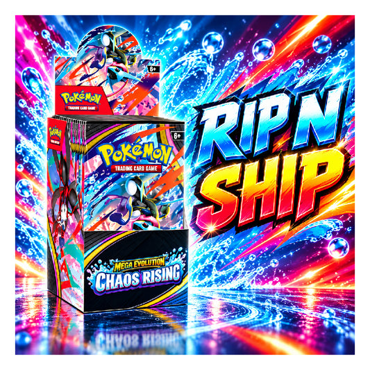 A promotional product graphic for a Pokémon TCG booster pack box set, showing the Chaos Rising 2026 event pack alongside a smaller Red Eye Emin Pika booster pack. The image features a highly stylized, neon-lit cosmic background with a large 'RIP N SHIP' text overlay and a price badge showing '€16,999 ONLY'.
