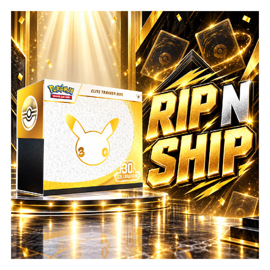Pokéball Services Elite Trainer Box 3D Collector's Edition box shown on a glossy gold stage with large promotional text reading 'RIP N SHIP' and '―24,999 ONLY'.
