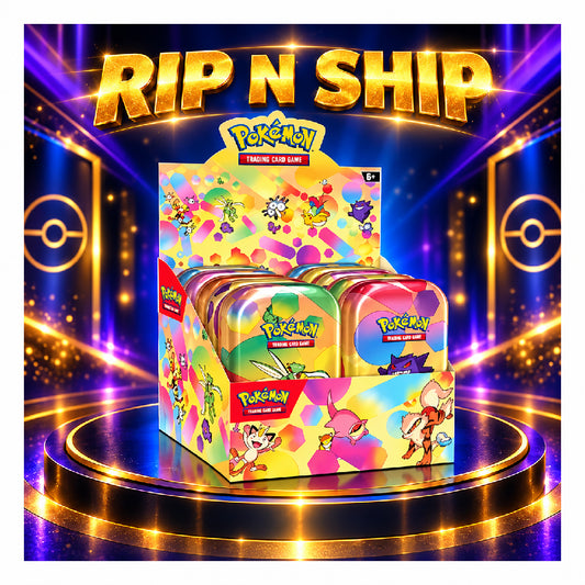 A display box of Pokémon Trading Card Game booster packs on a glowing stage-like background with large gold text reading 'RIP N SHIP' and a price badge '₵58,999'. The packaging is brightly multicolored with Pokémon branding and character artwork.