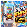 Promotional graphic for a Pokémon Trading Card Game product featuring a character card tin with a Flareon illustration, large text reading 'RIP N SHIP', and a price badge showing '―1,499 ONLY' against a colorful city background.
