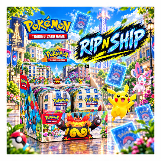 Promotional graphic for a Pokémon Trading Card Game blind box set in Paris-themed packaging, with large 'RIP N SHIP' text and a price badge '€23,999 ONLY' over a colorful city scene.