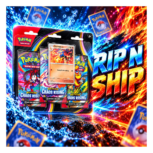 A promotional product image for a Pokémon trading card bundle in blister packaging, featuring three Chaos Rising cards and a Charizard card. The package is set against a dramatic digital background with water splashes, fire effects, Pokémon cards, and large text reading 'RIP N SHIP' and '₥2,799 ONLY'.