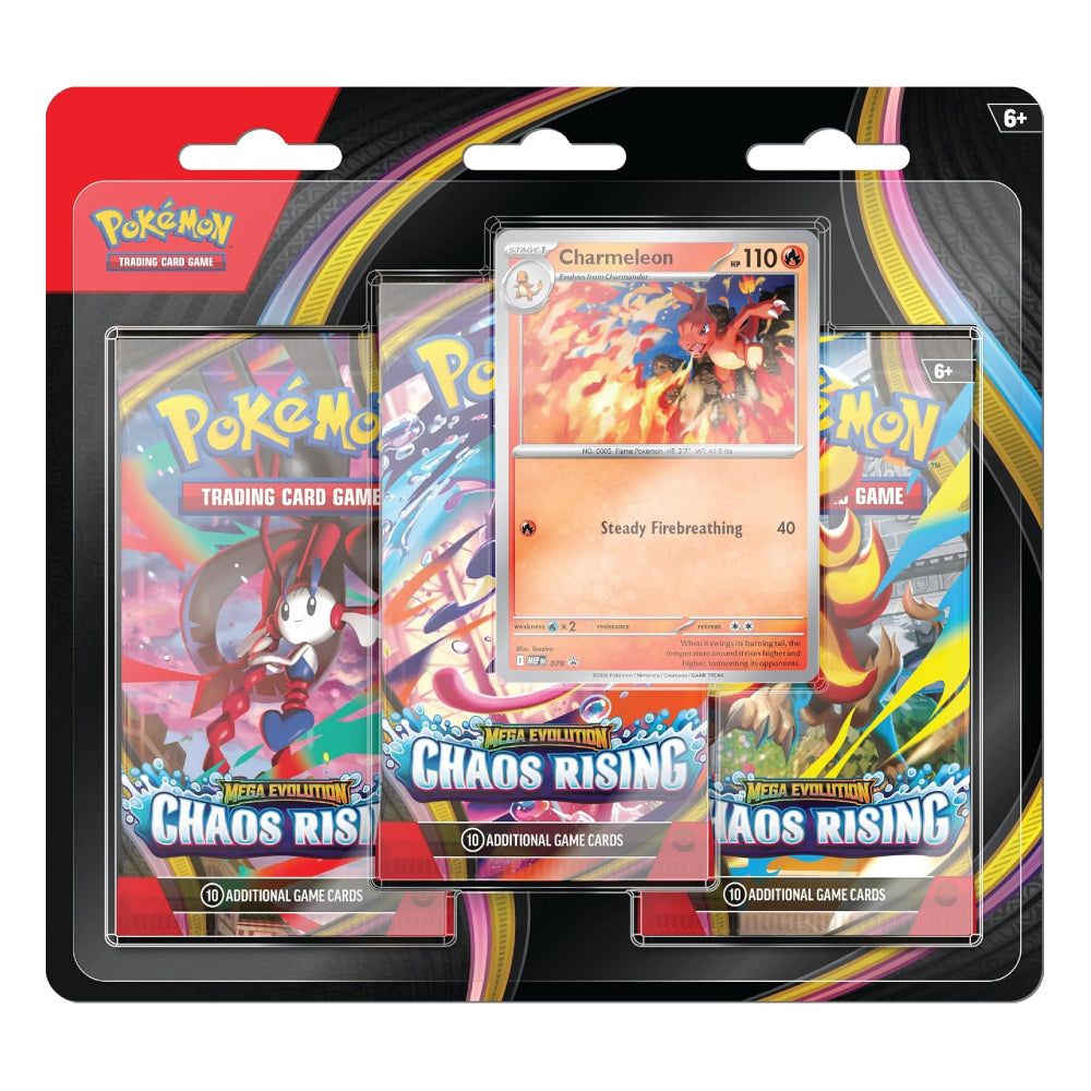 Pokémon Trading Card Game Mega Evolution Chaos Rising 4-pack card sleeve set in its original blister packaging, featuring a Charmeleon card visible in the center.
