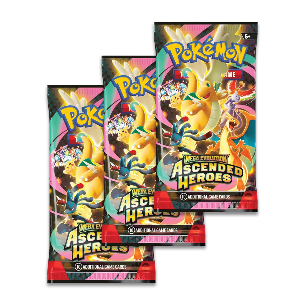 Three packs of Pokemon Mega Evolution Ascended Heroes trading cards on a white background