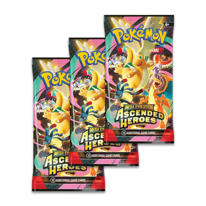 Three packs of Pokemon Mega Evolution Ascended Heroes trading cards on a white background