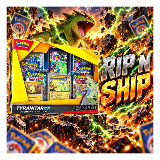 Promotional graphic for a Pokémon Tyranitar EX Premium Collection card deck box, shown with large 'RIP N SHIP' and '₥8,799 ONLY' text over a dramatic rocky scene with lightning and a green dragon illustration.