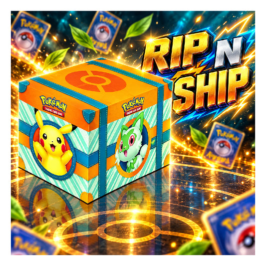 A promotional graphic for a Pokémon mystery box with Pikachu and Eevee artwork, featuring the text 'RIP N SHIP' and a price badge showing '₥15,999 ONLY'. The box has orange, teal, and white striped patterns with Pokémon branding.