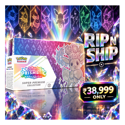 Pokémon Prismatic Evolutions Super-Premium Collection box shown with a large 'RIP N SHIP' graphic and a price badge of ‚₵38,999 ONLY” against a colorful crystal-and-lens background.
