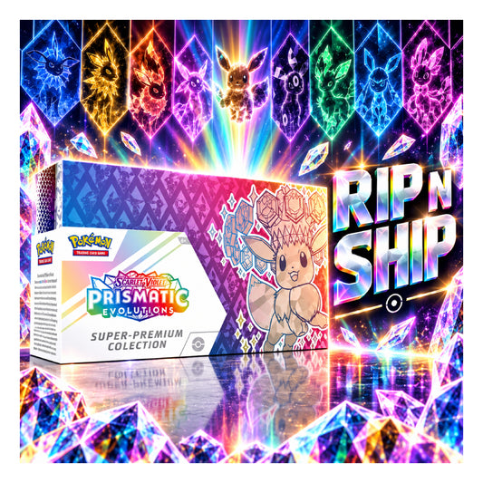 Pokémon Prismatic Evolutions Super-Premium Collection box shown with a large 'RIP N SHIP' graphic and a price badge of ‚₵38,999 ONLY” against a colorful crystal-and-lens background.