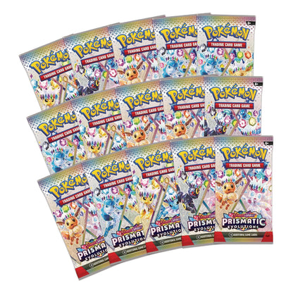 Five Pokémon Trading Card Game Prisma Evolutions booster packs fanned out against a white background.