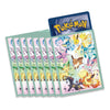 A set of Pokémon card sleeves with a blue Pokémon logo header and a colorful illustration of various Eevee evolutionary forms on the front, shown on a white background.