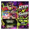Promotional graphic for a Pokémon trading card order, showing two Pokémon Trading Card Game boxes and a display box labeled 'Most Evolution Perfect Order' on a neon purple and pink background with large text reading 'RIP N SHIP' and 'Only ₹26,499'.