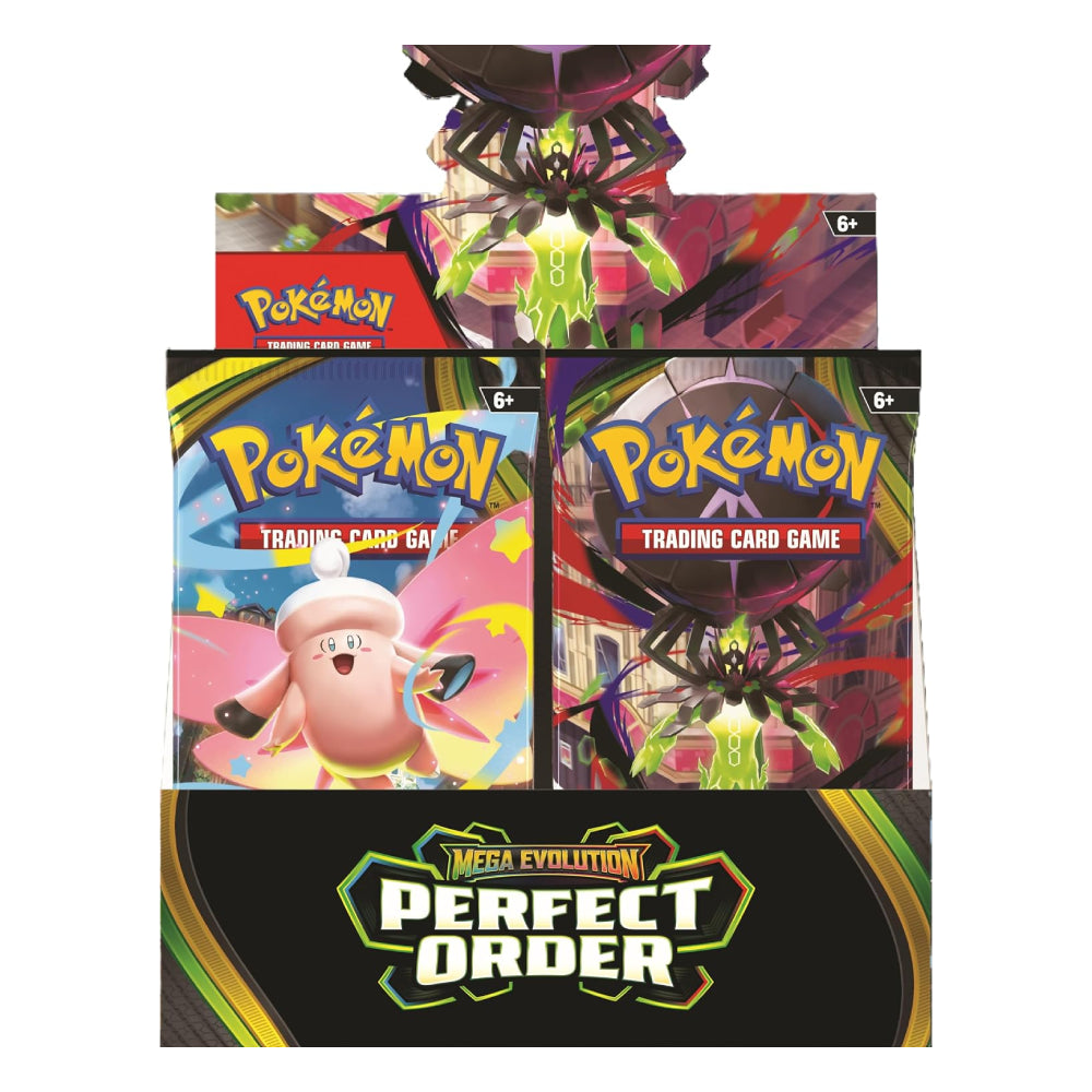Pokémon Mega Evolution Perfect Order trading card game display box featuring two booster packs and a character illustration on a white background.