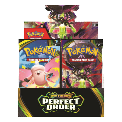 Pokémon Mega Evolution Perfect Order trading card game display box featuring two booster packs and a character illustration on a white background.