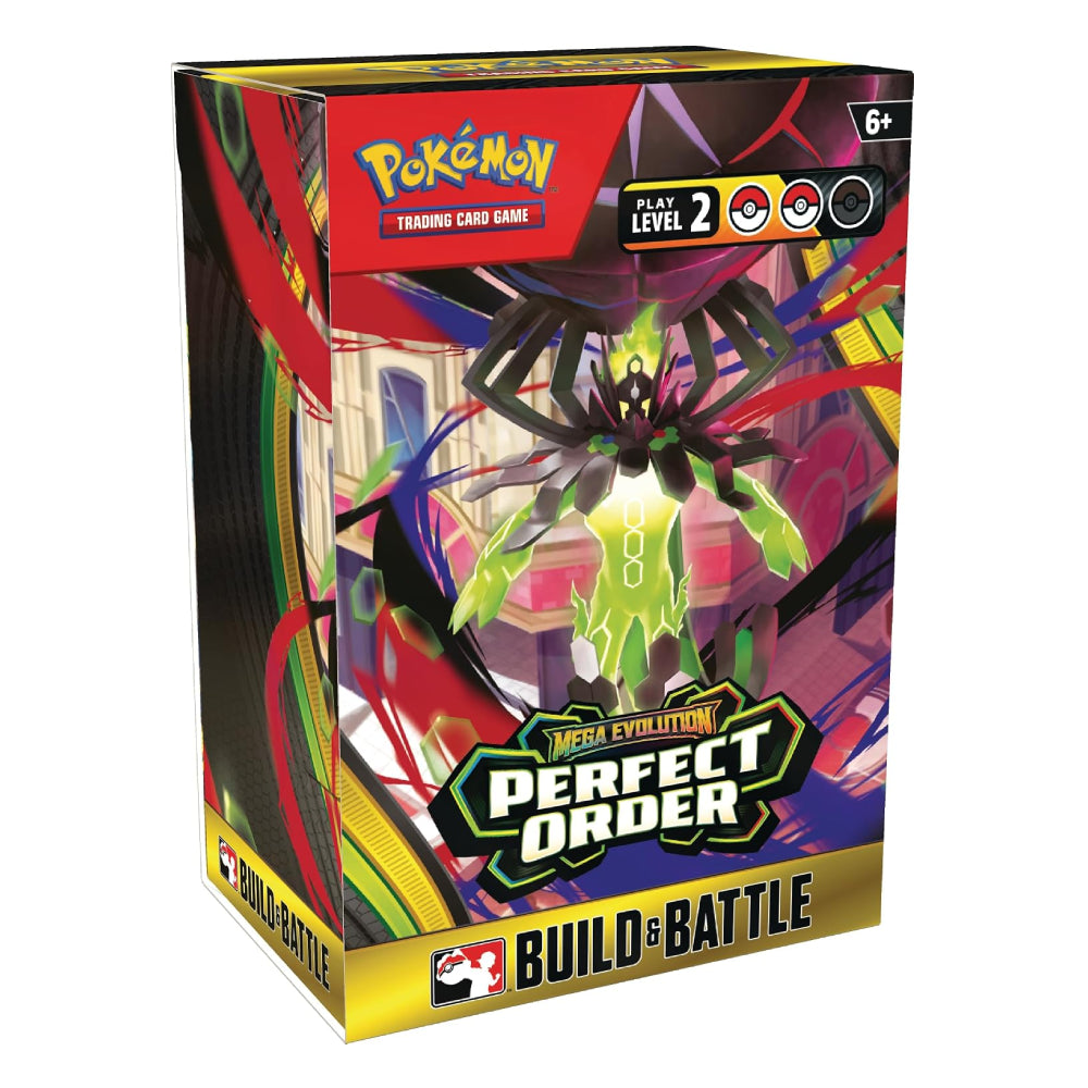 Pokémon Trading Card Game Mega Evolution Perfect Order Build or Battle box art packaging, featuring a stylized green and black spider-like card artist character on a colorful abstract background.
