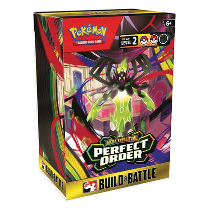Pokémon Trading Card Game Mega Evolution Perfect Order Build or Battle box art packaging, featuring a stylized green and black spider-like card artist character on a colorful abstract background.